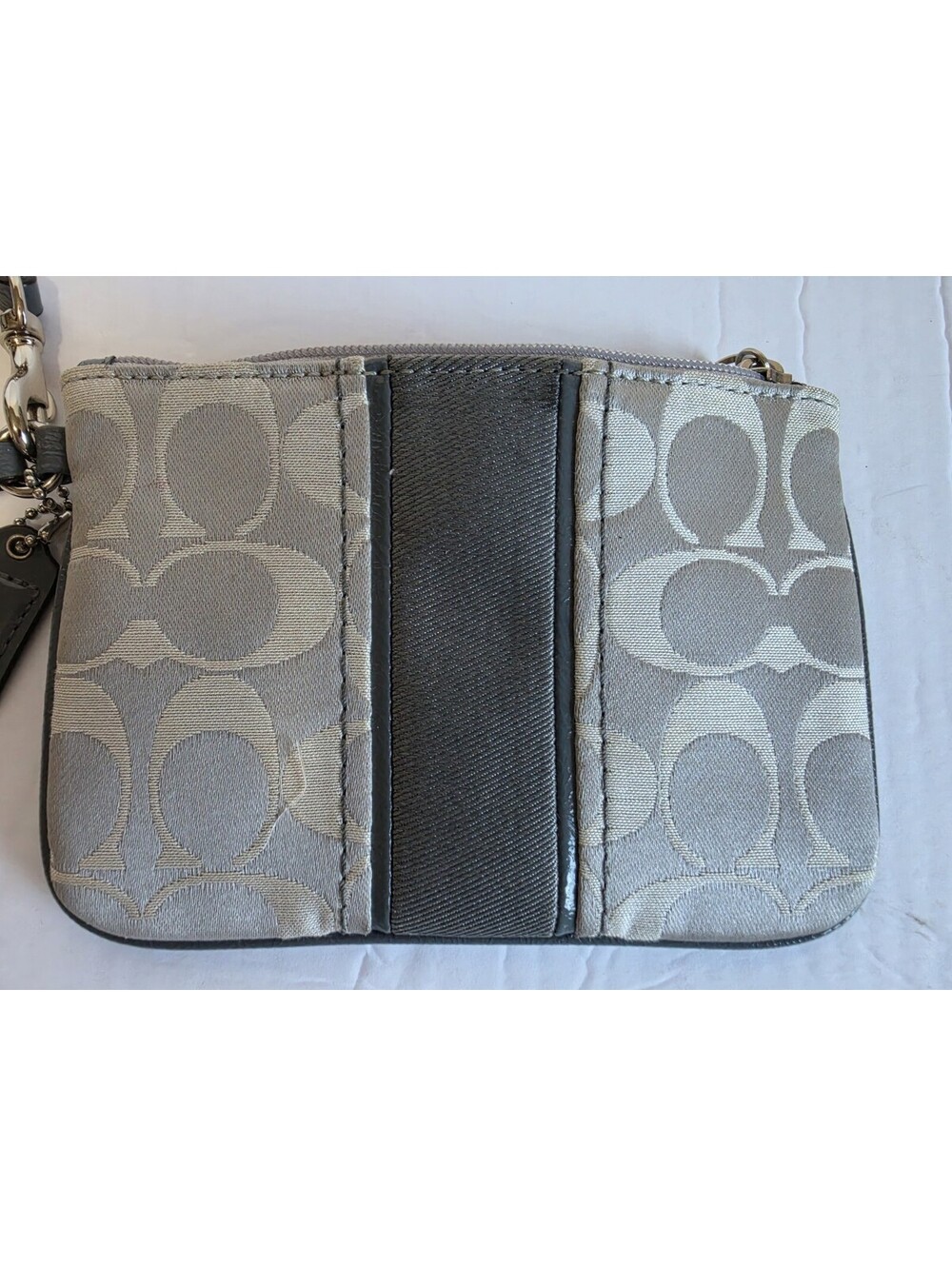 Coach Gray  Wristlet Strap Signature C Logo Single Pocket Zip Card Slot Hang Tag
